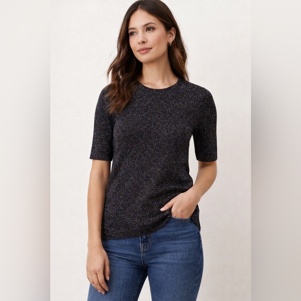 Madewell Metallic Knit Top Small Black Rainbow Shimmer Short Sleeve Sweater